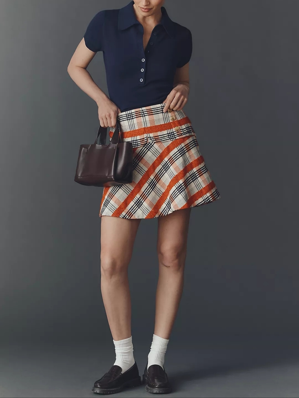 Anthropologie Maeve Tweed Plaid Button-Front Mini Skirt Black White Orange